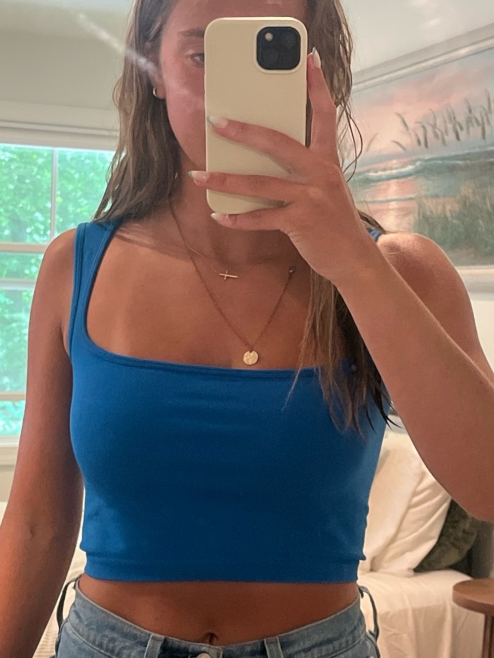 Amazon Blue Square-Neck Cropped Tank Top